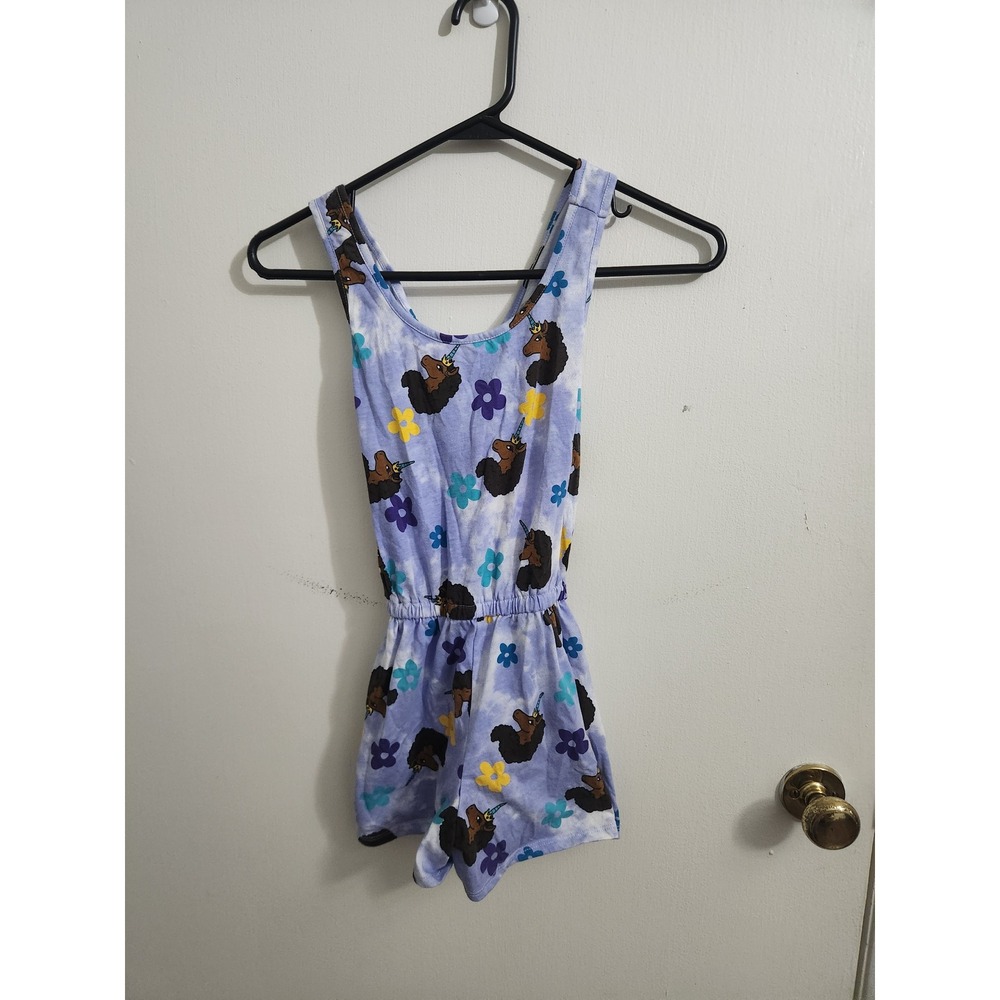 Afro Unicorn Girls Purple Tie Dye Floral Romper Crisscross Back Size M 8